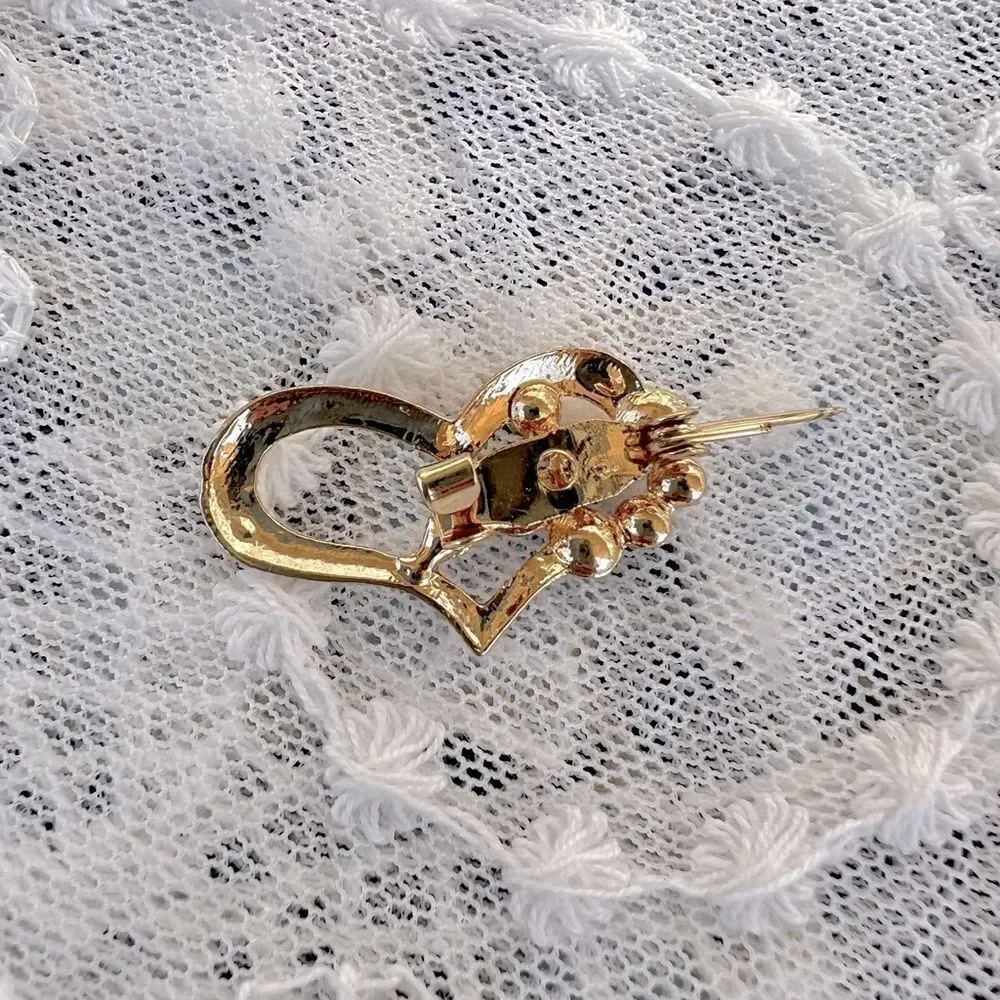 Dainty Gold & Rhinestone Heart Pin Brooch